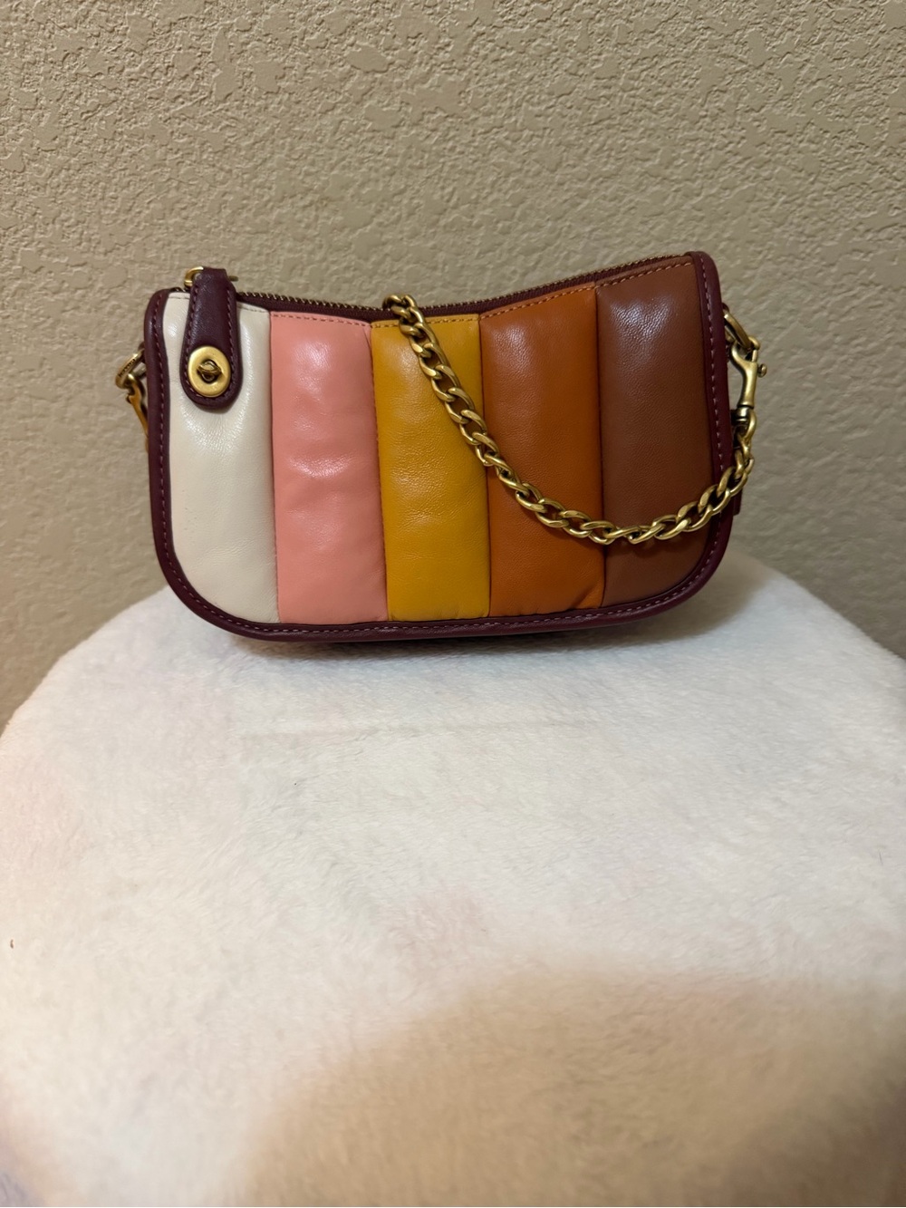 Coach Multicolor Leather Mini Shoulder Bag in Cream, Pink, Yellow, Orange, Brown